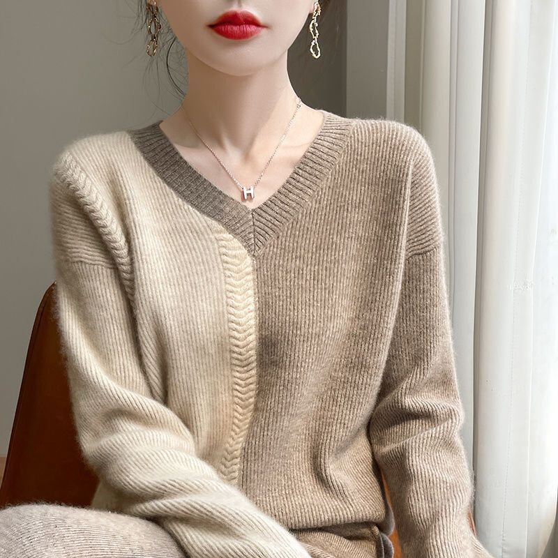 2026 Spring New Style V Neck Pullover Sweater for Women, Loose Camel Wool Knitwear, Elegant Work Clothing Top