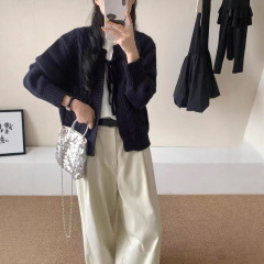 韩系小清新简约风圆领粗针麻花系带针织衫开衫女宽松复古女装外搭