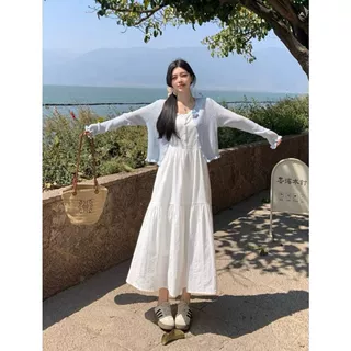 大码胖mm花边吊带连衣裙+防晒针织开衫气质两件套大码微胖女装