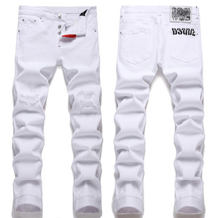 Foreign Trade Pure White DSQ Jeans Men's Slim-fit Ripped Cotton Bomb Four Seasons Casual Cotton European and American Men