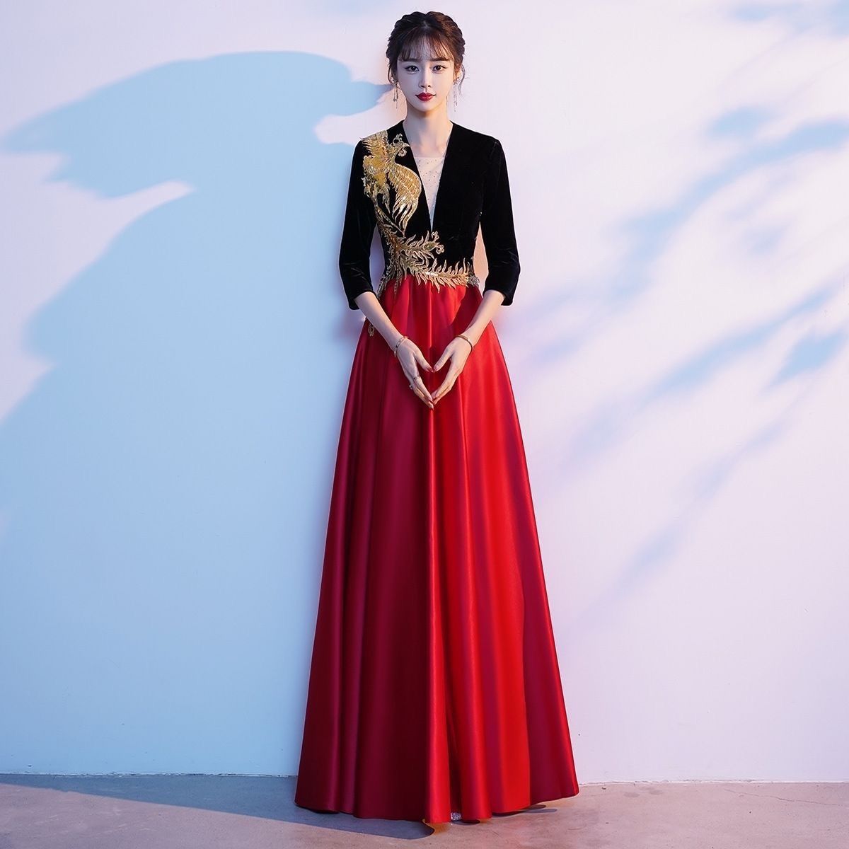 大合唱团演出服女长裙气质主持人指挥晚礼服大气红歌朗诵比赛服装