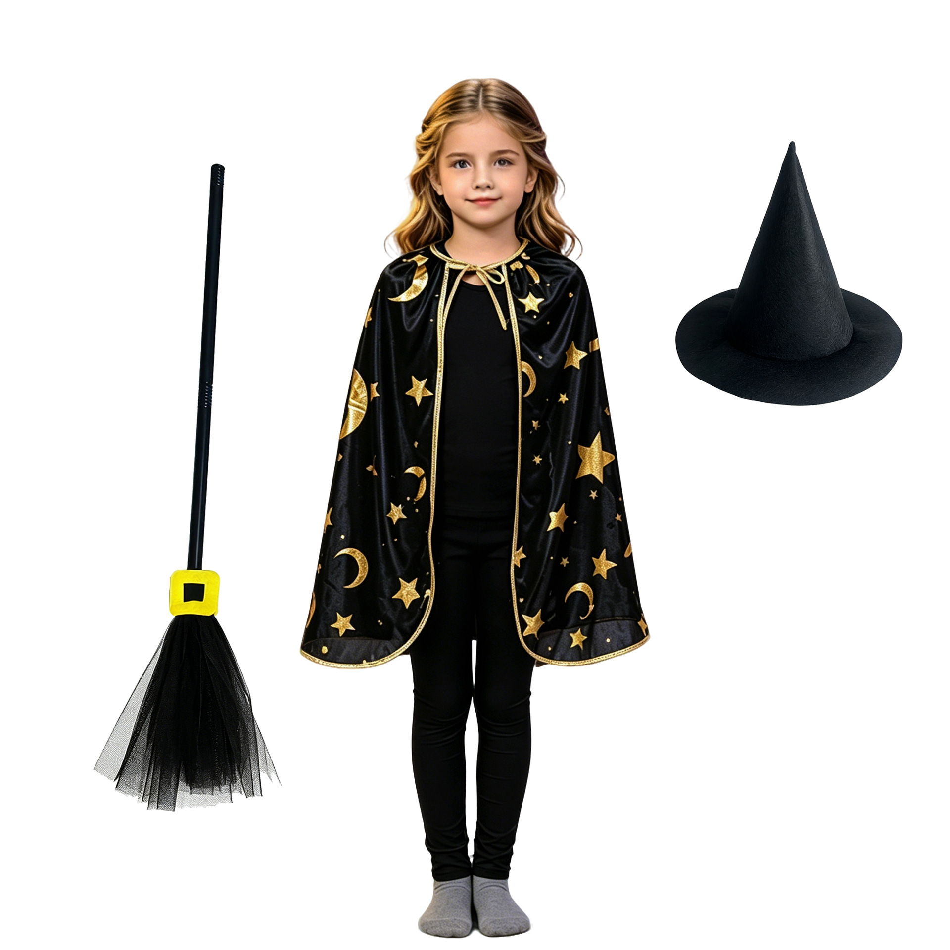 CA264003+round rim black witch hat+black gauze square button broom