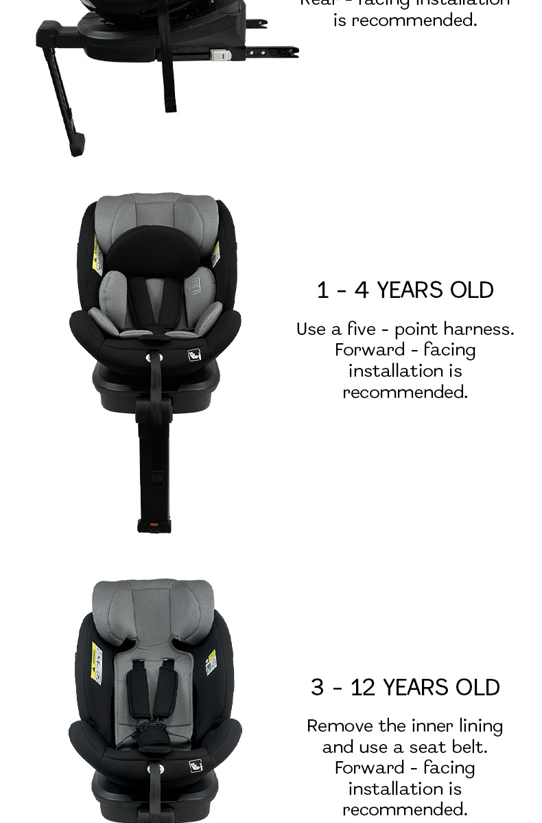 I-Size Certified Child Car Safety Seat for Babies Aged 0-12 Years 360 ° Rotating Isofix Support Leg