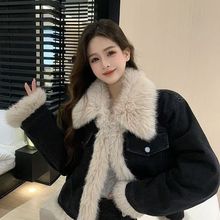 黑色短款牛仔外套女2025冬季新款加绒加厚仿狐狸毛拼接小个子棉衣