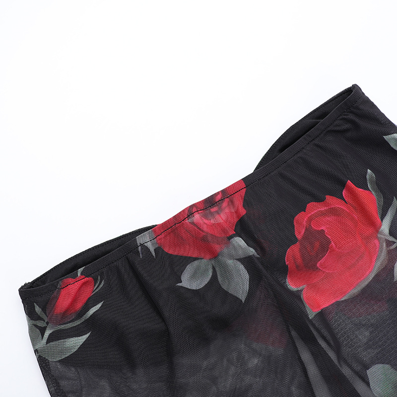 Mesh Printed Tube Top Mid Length Skirt Set Women Summer Slim Fit Women Clothing
