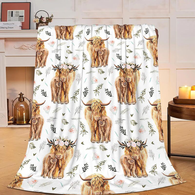 Cross-Border Amazon Highland Cow Blanket with Pattern Print, Soft and Comfortable Flannel Wool Blanket Suitable for Sofa and Living Room