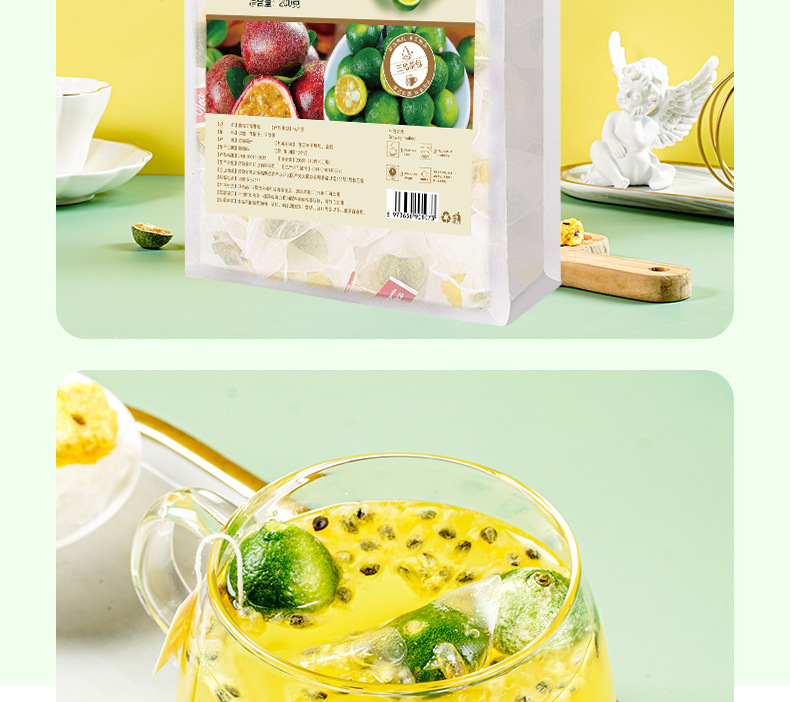 Fruit Tea Blend with Green Kumquat Passion Fruit and Rock Sugar 90g Box 5 Cold Brew Bags in use