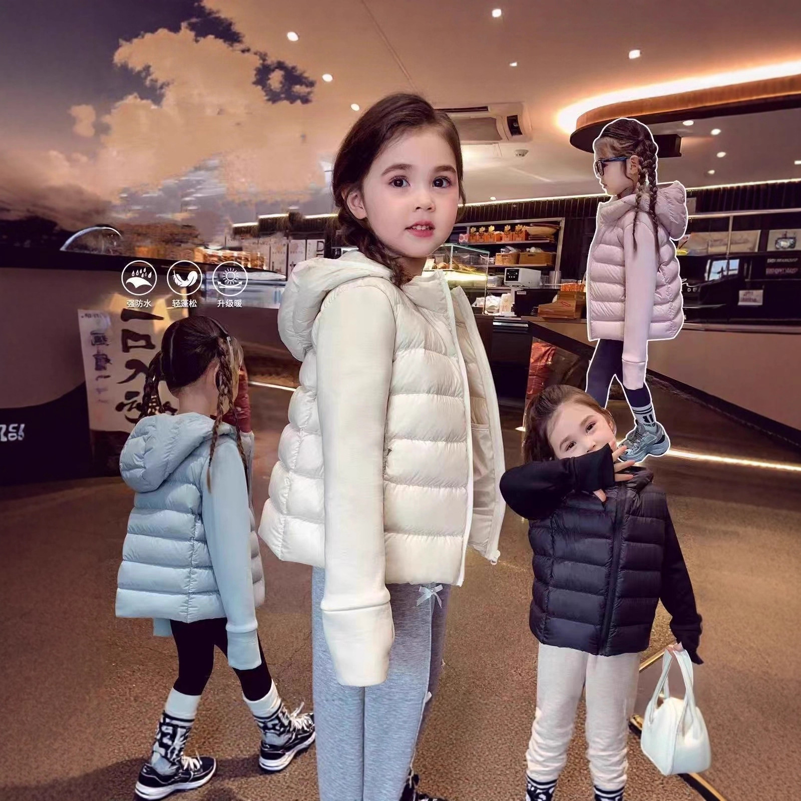Lightweight down-filled cotton-padded jacket for girls, new style for winter 2025, fashionable and trendy. Features a hooded inner lining for little girls.