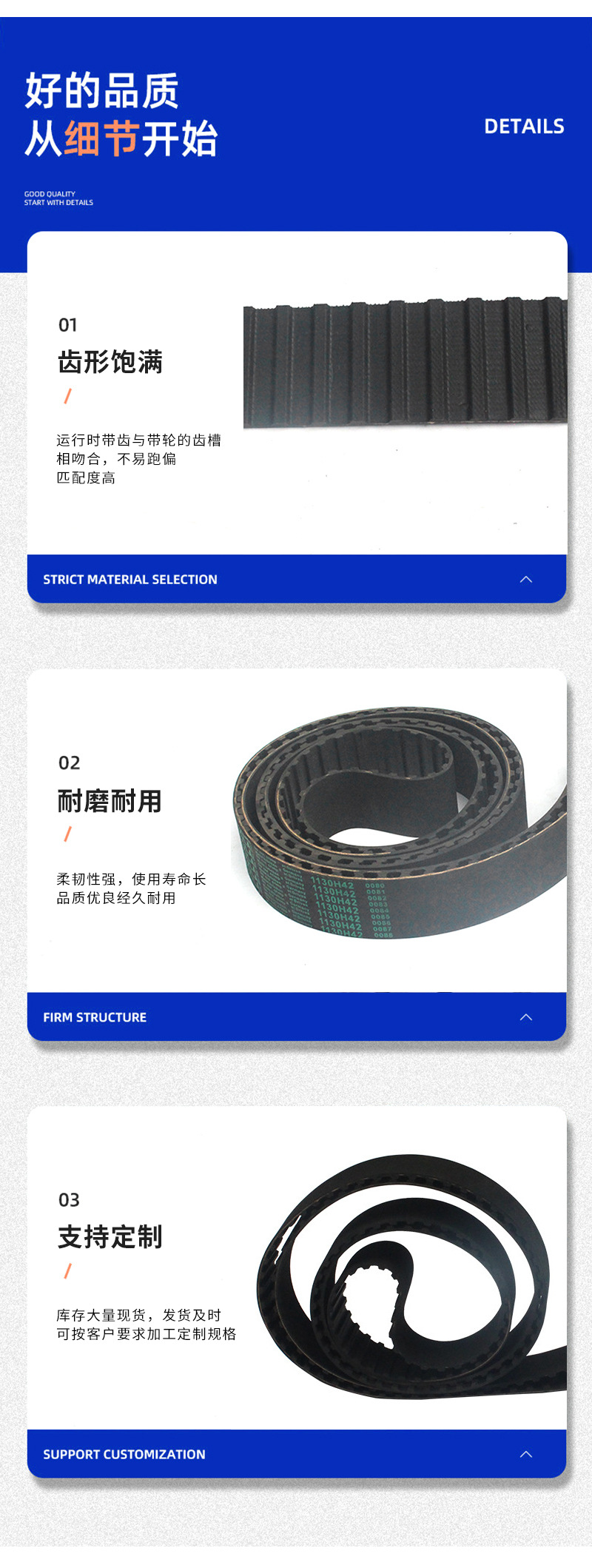 Timing Belts Customized 1130H Type Industrial Transmission Belts Rubber Polyurethane Timing Belts for Mechanical Equipment