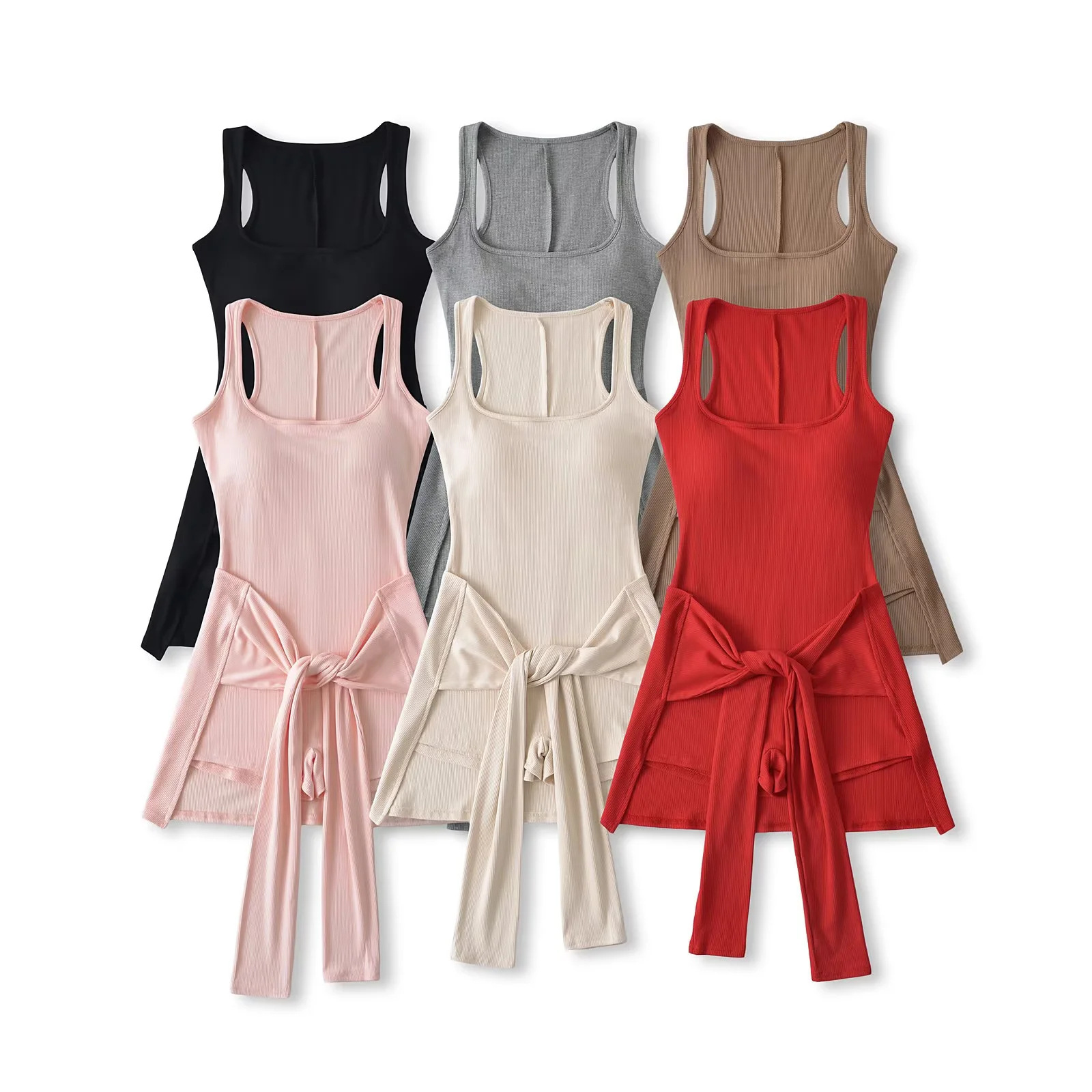 美式辣妹方领腰间绑带吊带连体衣裤女夏季收腰工字背心连衣短裙