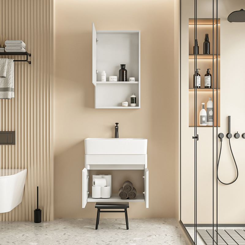 Cuenca cerámica integrada tipo casa pequeña con aire de crema gabinete de baño de acero inoxidable gabinete de lavabo