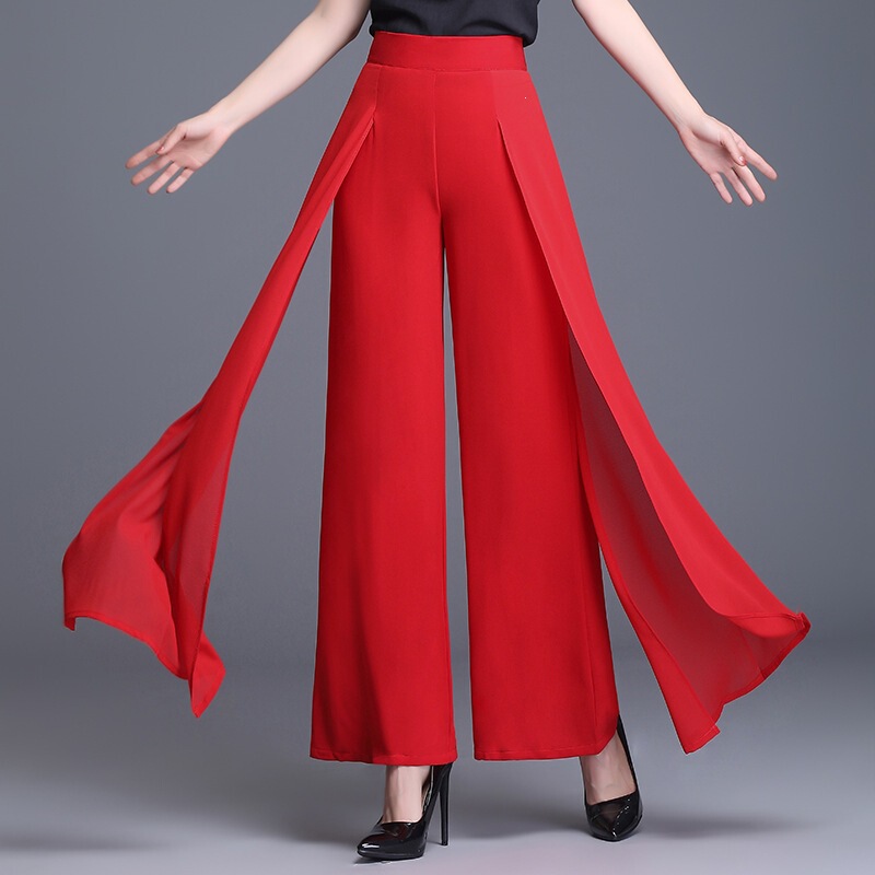 High-End Chiffon Wide-Leg Pants for Women, Suitable for Spring, Summer, Autumn, and Winter, with a Flowy Design, Can Be Worn as Pants or a Skirt, Dance Pants, Long Pants, High-Waisted, and Elegant
