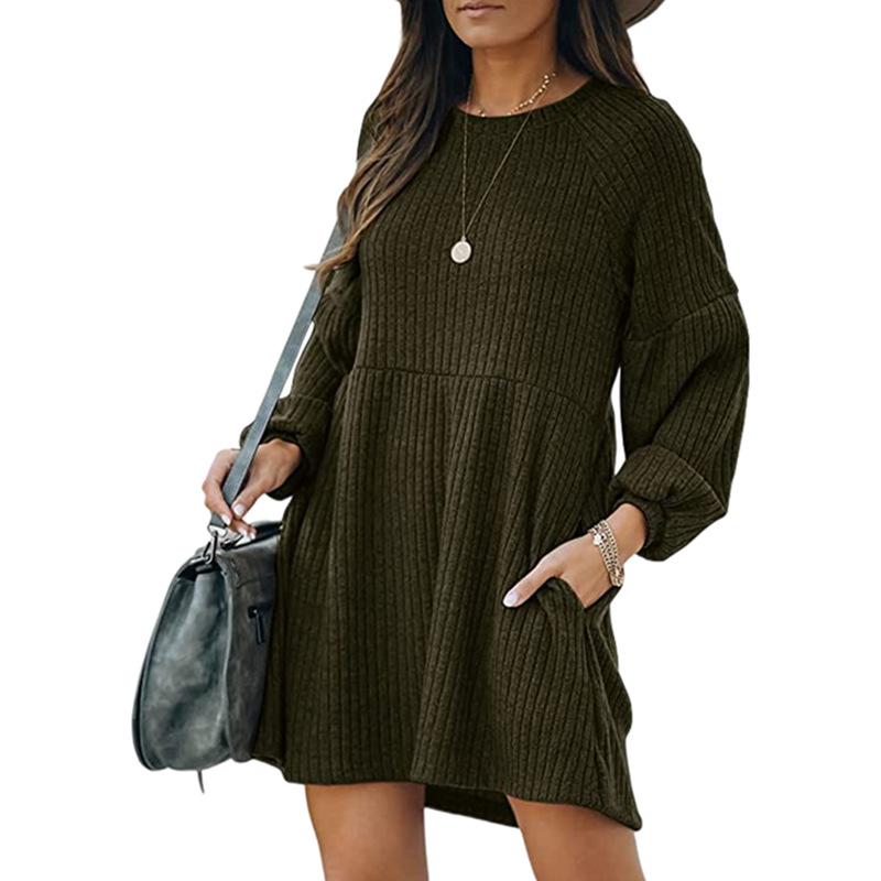 Womens Knit Long Sleeve Dress Ribbed Cotton Blend Short Length Autumn Winter Style Wholesale Available