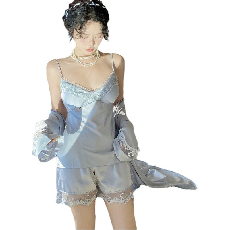 Утреннее платье для женщин, весна и лето, новый ледяной Шелковый костюм с кружевной строчкой на бретелях, женская домашняя одежда в сказочном стиле, маленькая сексуальная пижама