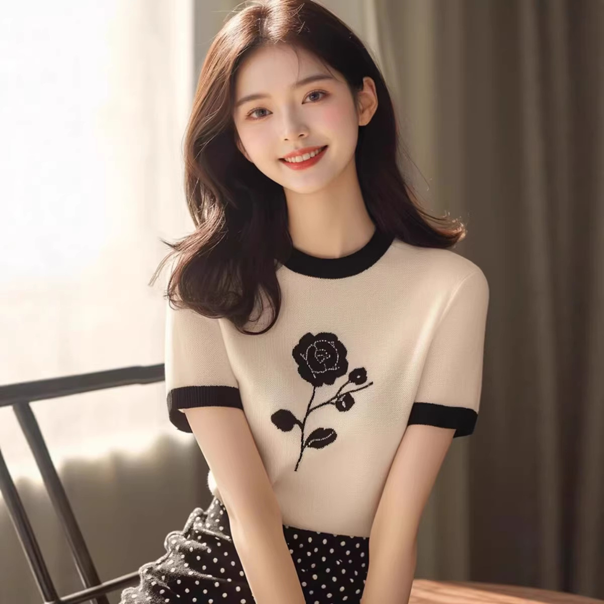 Áo thun nữ ngắn tay chất liệu cotton pha sợi mát, form ôm nhẹ — trắng chi tiết 3