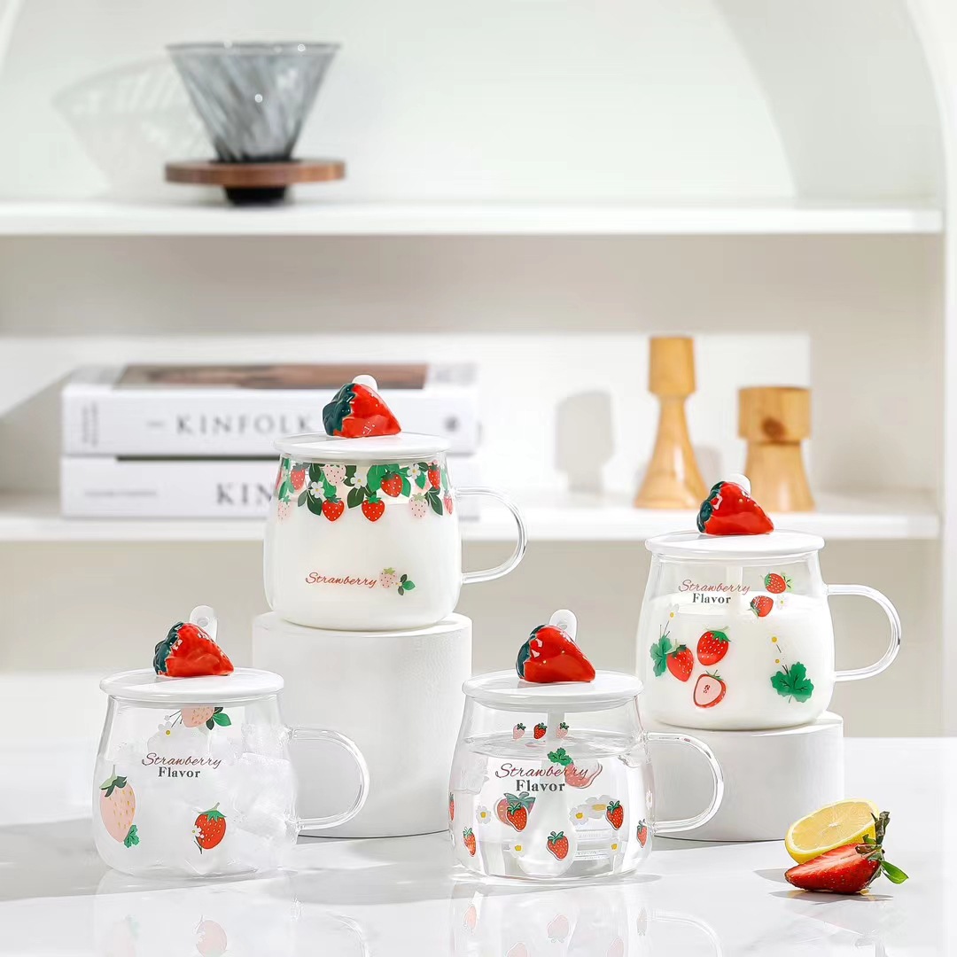 Creativo fresa fruta vidrio con tapa cuchara personalizada 3D 3D forma taza Oficina regalo beber