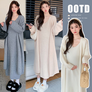 Autumn and Winter Maternity dress French High-end Wear Soft Waxy Lazy Style Vest Skirt Knitted Cardigan suit