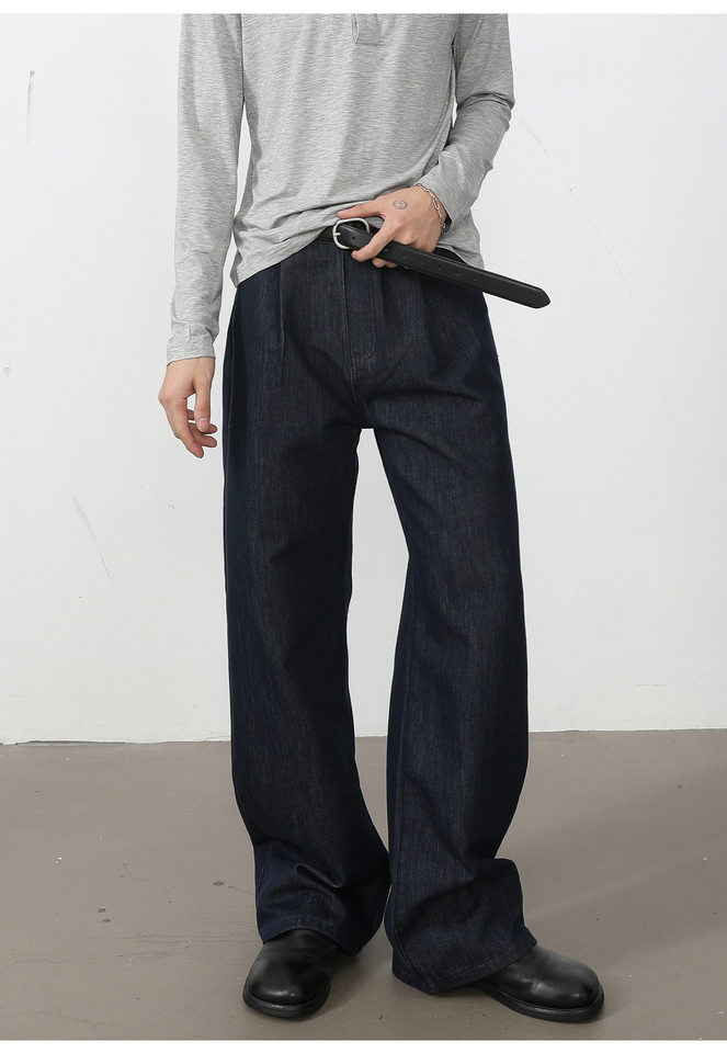 Quần jean nam ống rộng lưng trung, phom suông thoải mái, vải denim phối lụa sợi tổng hợp xếp li nhẹ — Cao bồi xanh, Cao bồi đen, Màu cà phê đậm chi tiết 20