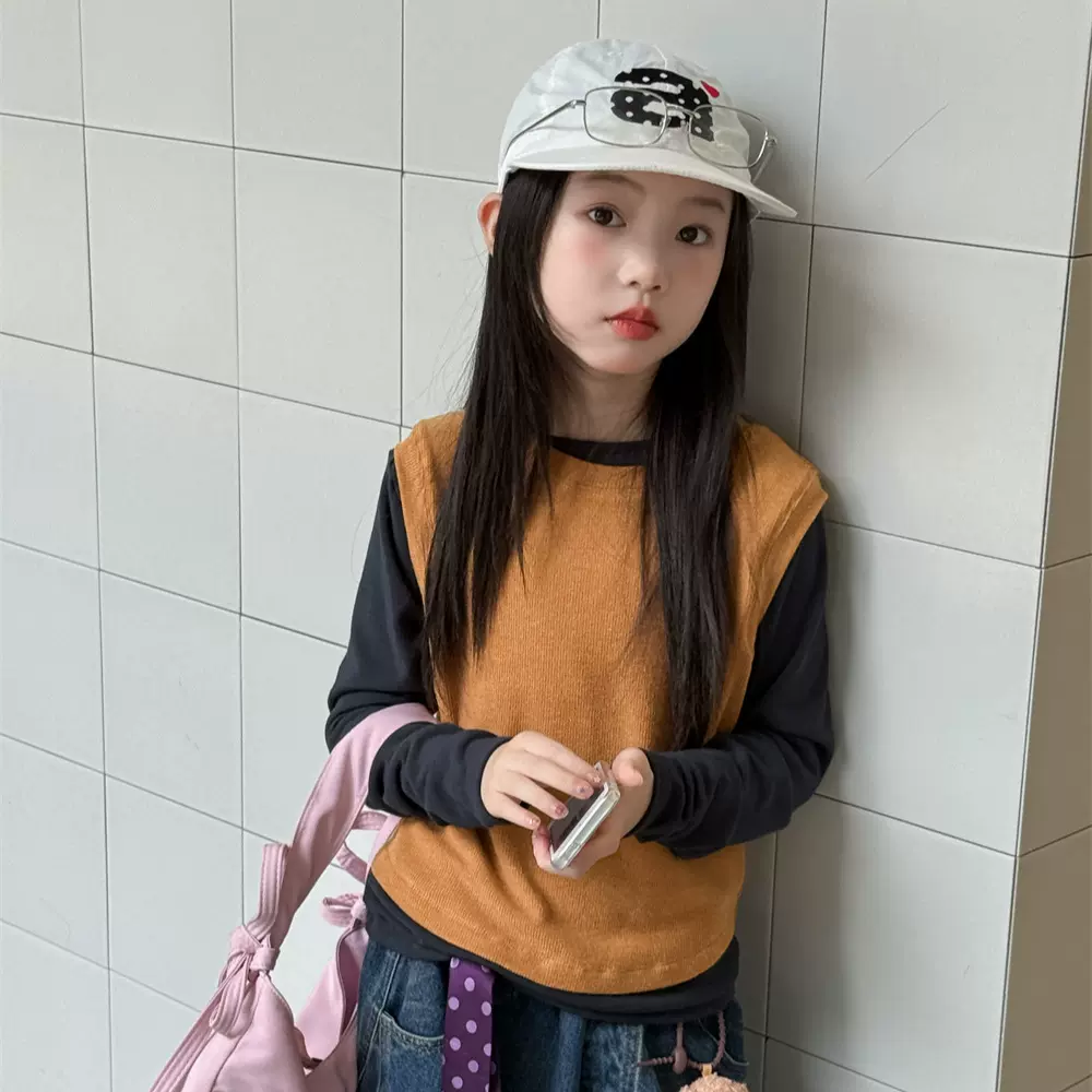 花与寻童装女童套装上衣2025秋季新款韩版撞色两件套儿童甜美上衣