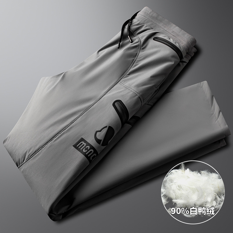 New winter printed warm thickened white duck down outdoor windproof and waterproof men's straight leg casual down pants