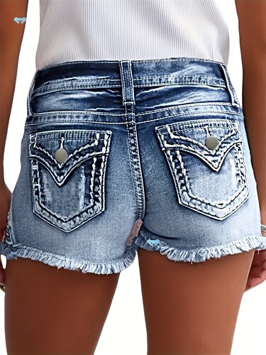 Women'S Ripped Denim Shorts Stars Embroidered Stretch Jeans