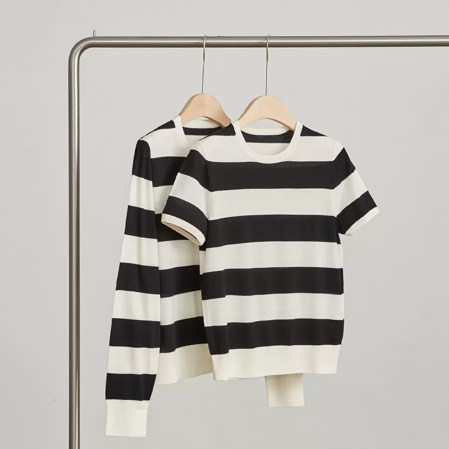 严选新澳绵羊毛针织开衫女撞色条纹短袖气质休闲宽松上衣宽松型