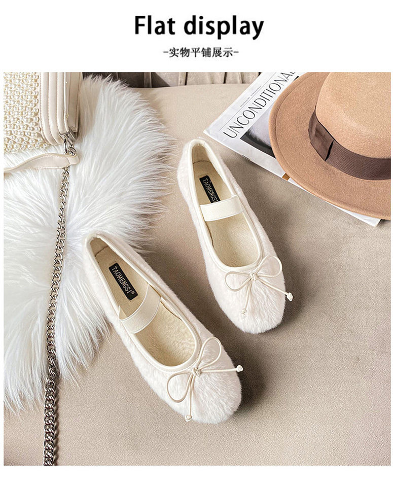 Giày búp bê nữ có lông nơ một quai, đế bệt giữ ấm, cỡ lớn — Màu hồng, Màu trắng chi tiết 17