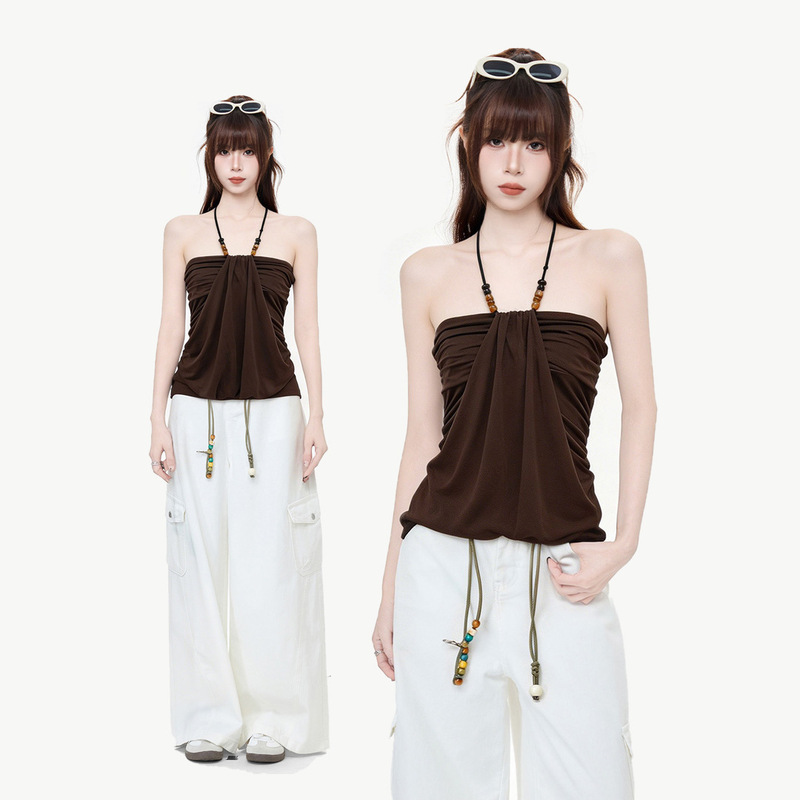 Coffee-Colored Spicy Girl Style Beaded Strapless Tank Top for Women, 2026 Summer Sleeveless Outerwear with Beautiful Back Design, Stylish Blouse Coffee-Colored Spicy Girl Style Beaded Strapless Tank Top for Women, 2026 Summer Sleeveless Outerwear with Beautiful Back Design, Stylish Blouse