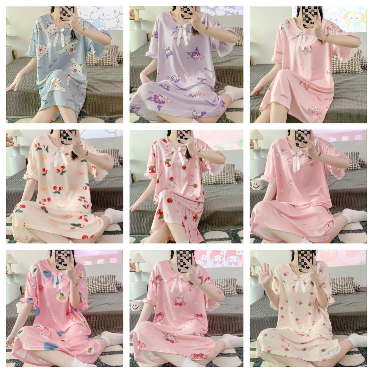 2023 camisón de verano chica manga corta lindo flojo fino seda la leche pijamas fresco estudiante homewear al por mayor