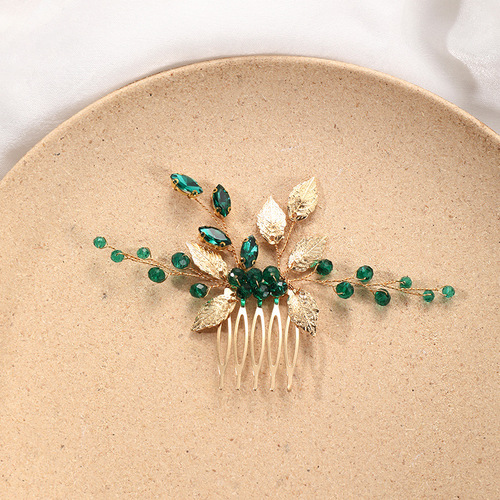 European and American cross-border alloy water drill hair comb handmade gold leaf hair comb ancient Chinese Hanfu hair accessory crystal bride headpiece