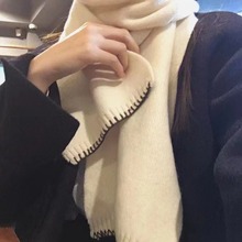 韩国代购同款纯色针织围巾 设计师款个性两头锁边拼色含羊毛围脖
