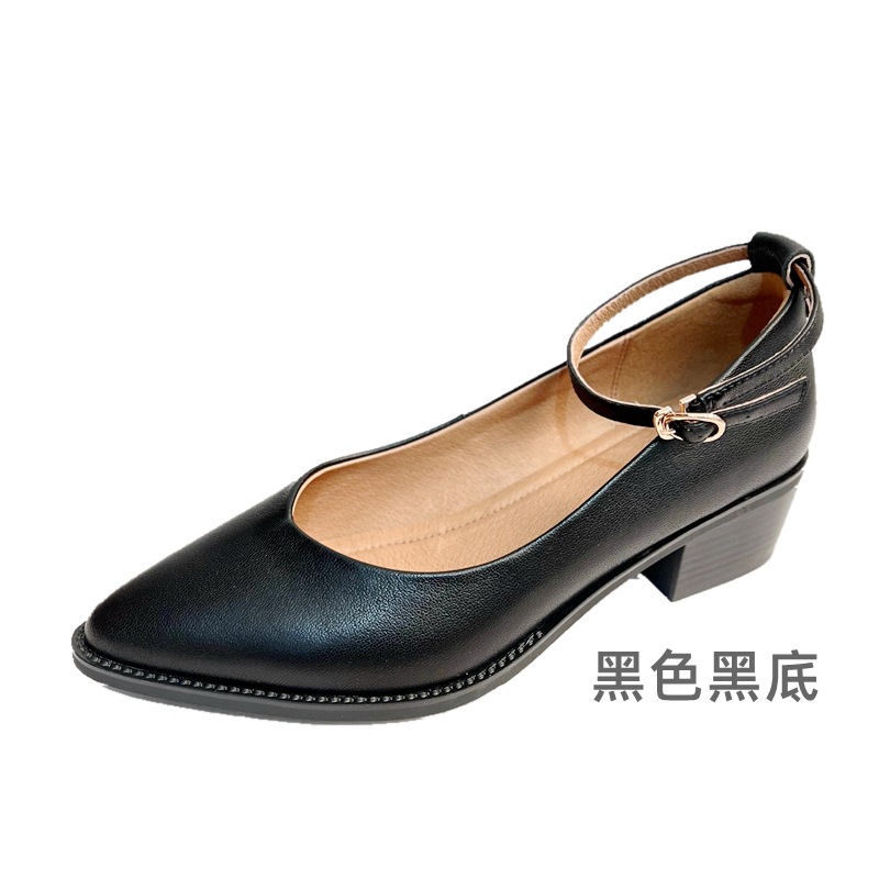 Giày Mary Jane nữ da cừu mũi nhọn gót thô miệng nông — Màu đen