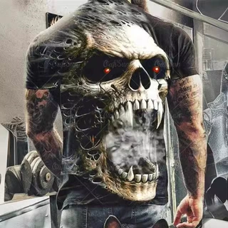 夏季恐怖骷髅男士T恤3D印花短袖骷髅街头嘻哈衬衫T恤男士服装