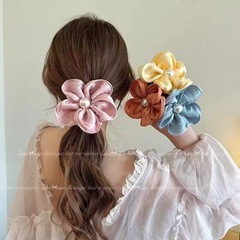 韓国風アイランドサテン生地の大きなバラの花柄ヘアゴム、高級感のある女性用ハイポニーテールヘアアクセサリー