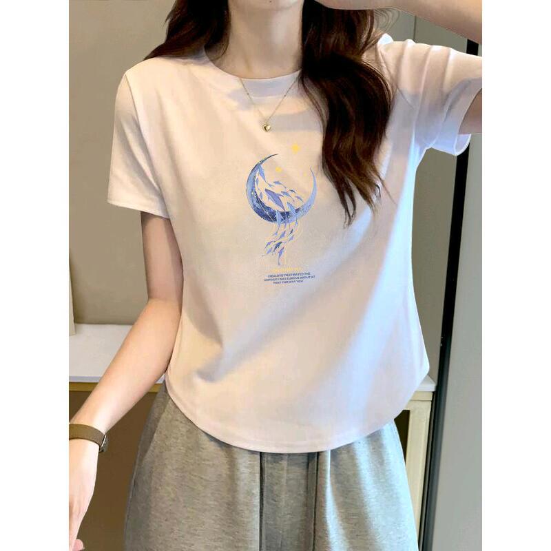 Chic Niche Short-sleeved High-quality Pure Cotton White Printed Top Women's Irregular Arc Hem Simple T-shirt for Women Chic Niche Short-sleeved High-quality Pure Cotton White Printed Top Women's Irregular Arc Hem Simple T-shirt for Women