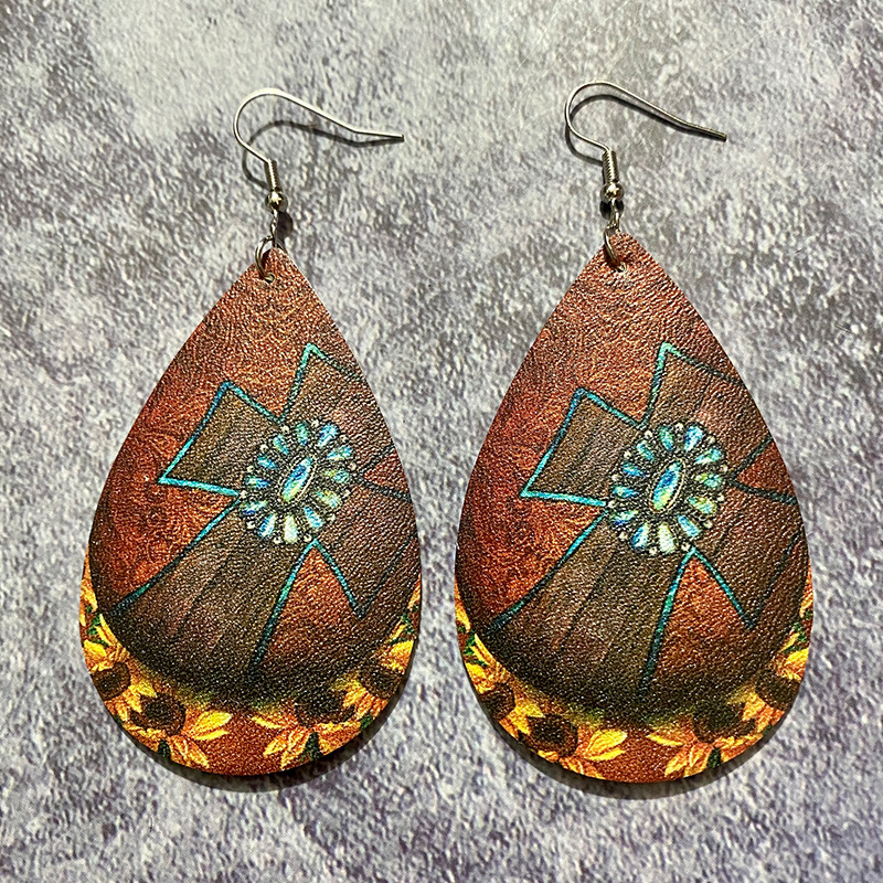 10g Weight Wholesale Jewelry 1 Pair Retro Cross Water Droplets Pu Leather Drop Earrings