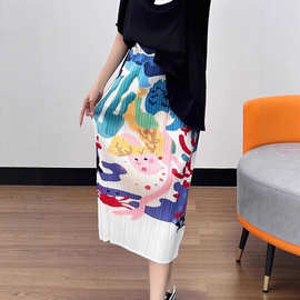高腰高级夏季中长款新款长裙时尚显瘦开叉半身裙印花百褶褶皱