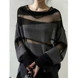 韩系网纱拼接设计感宽松冰丝罩衫长袖T恤女春季2026超火减龄上衣