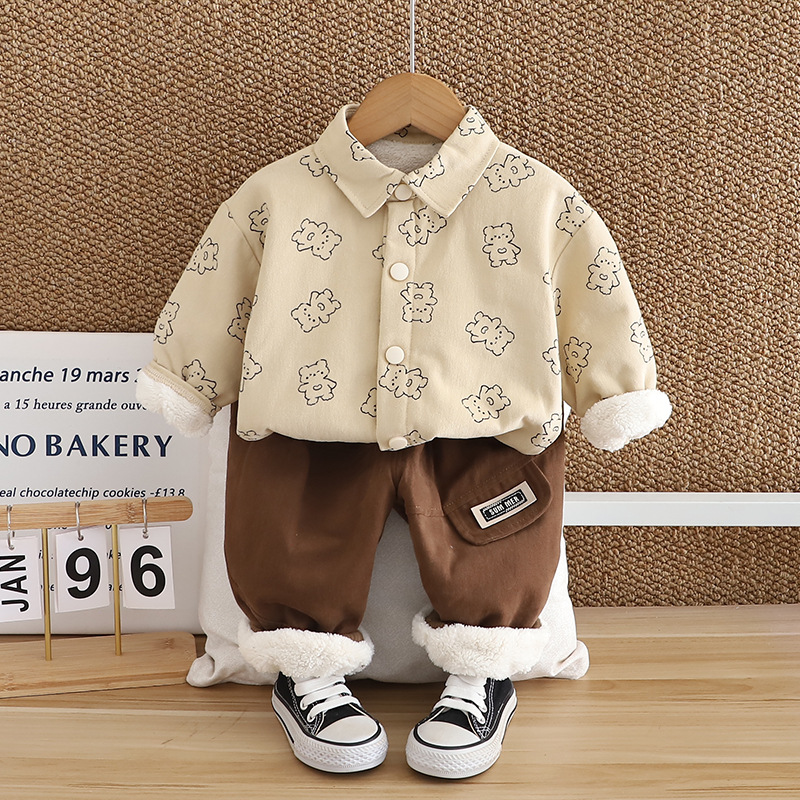 Set camicia foderata in pile e pantaloni per bambino inverno_voghion.com