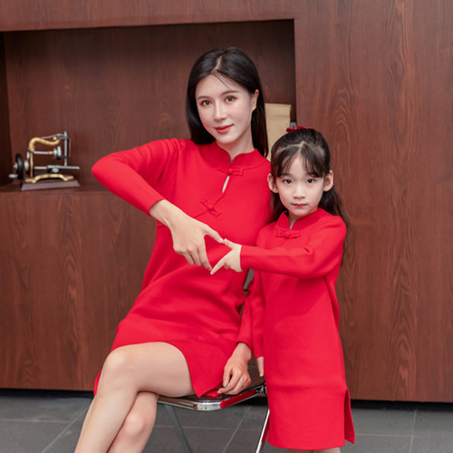 Chinese style Tang suit cashmere sweater children's sweater parent-child sweater red parent-child clothing mother and daughter clothing high-end winter