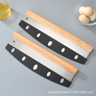 Manufacturer 12-Inch 14inch Stainless Steel Half-Moon Wooden Handle Pizza Cutter Curved Pizza Knife Baking Tool