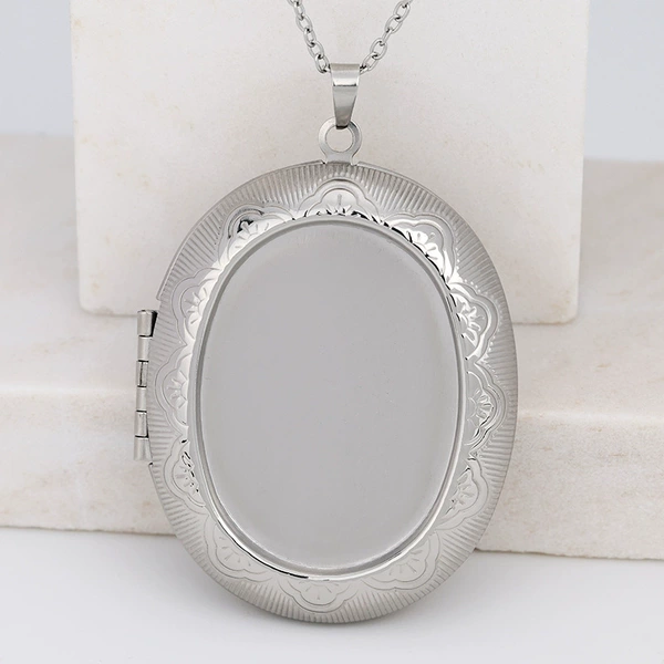 [Necklace] Patterned Oval Photo Box 39*51mm/Steel Color