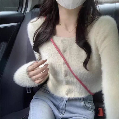 Long-sleeved square collar knitted cardigan women's autumn 2025 new high-waist base slim sweater short top