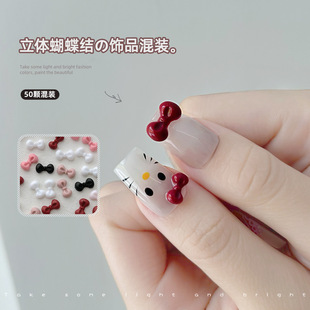 50 Mixed Trendy 3D Bowknot Cat Burgundy Bow Tie Nail Art Resin Decorations Rhinestones