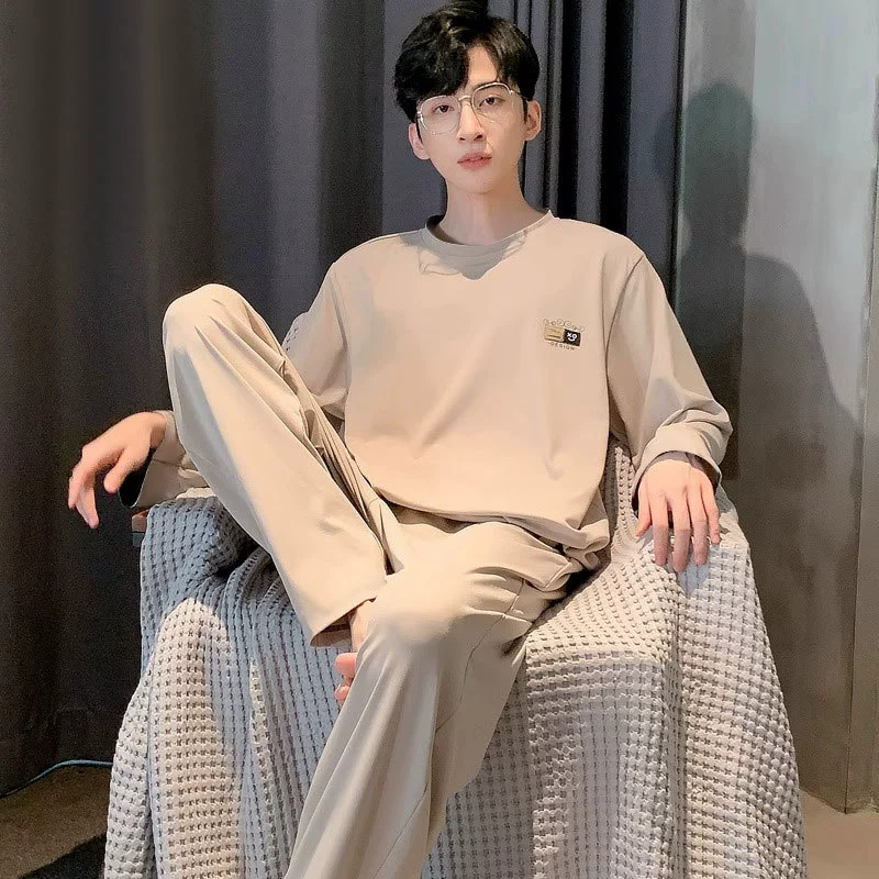 Новая мужская пижама простой сплошной цвет с круглым вырезом с длинными рукавами брюки моды дикий набор из двух частей
