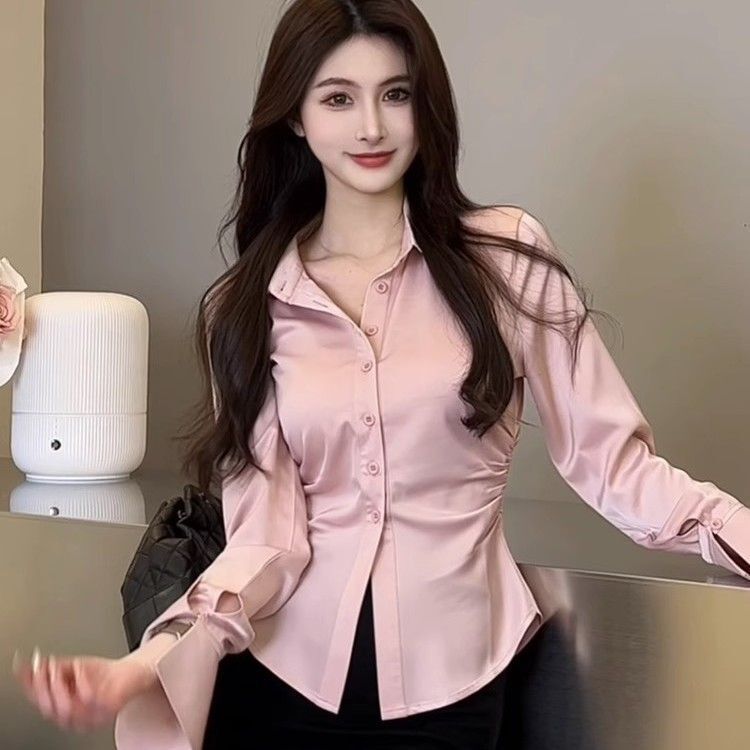 Pure Desire Hot Girl Waist-Cinching Pink Shirt for Women, New Autumn Design with Unique Flared Sleeves and Draped Satin Shirt
