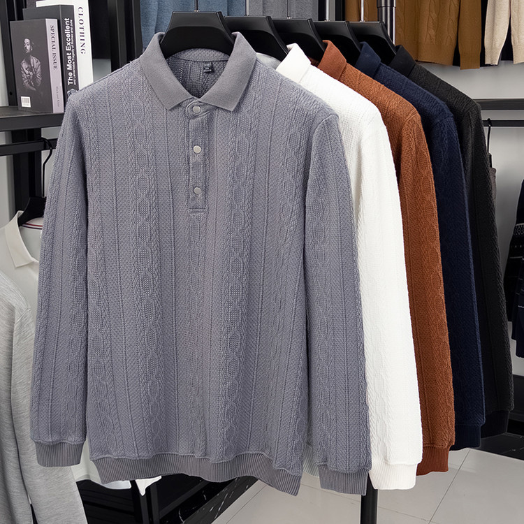 Otoño e invierno engrosado de manga larga de hombre con solapa polo nuevo jersey jacquard de punto de mediana edad hombre suéter simple