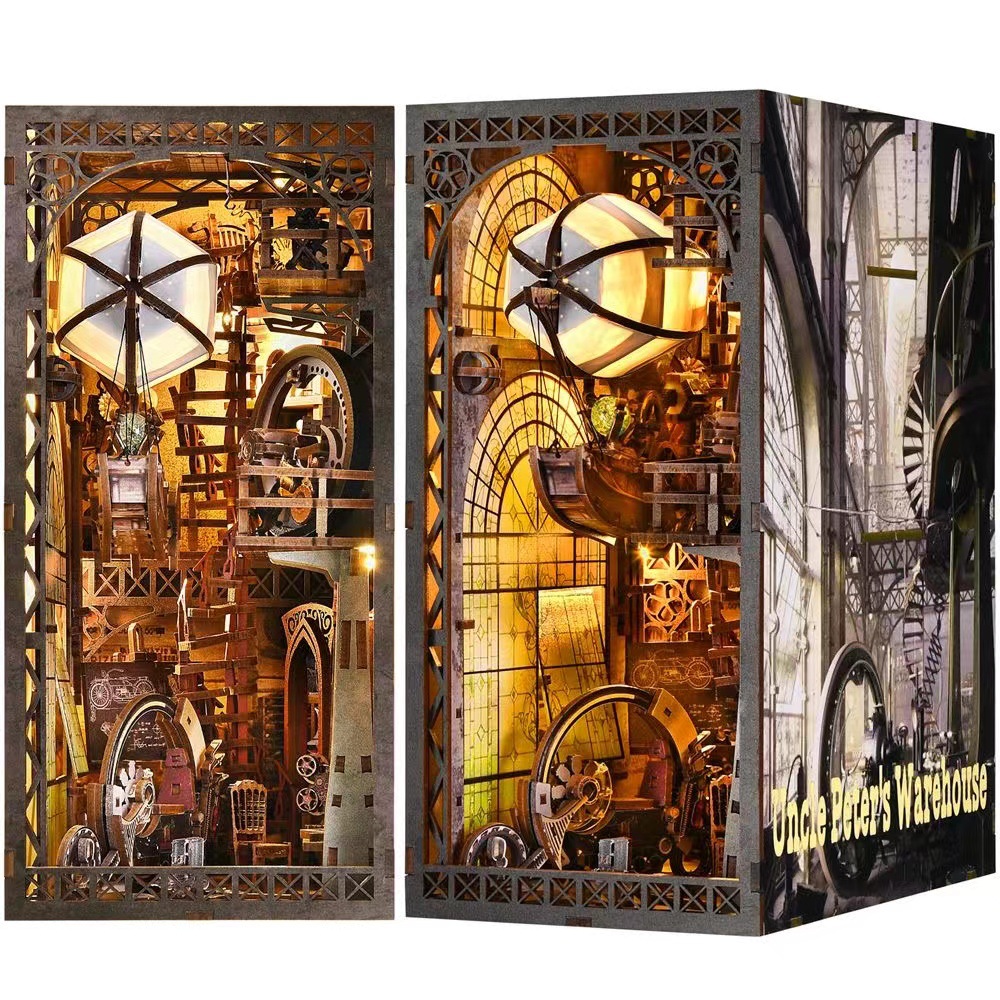 Modelo de nave espacial con globo, libro, casa de bricolaje, decoración mágica retro, bloques de construcción de madera ensamblados a mano, regalo de juguete