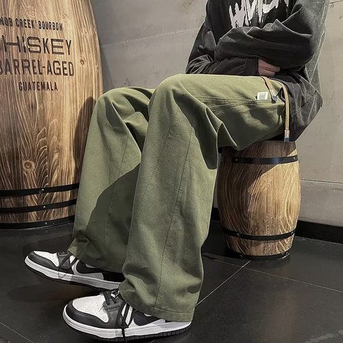Vintage khaki men's spring autumn oversize Japanese casual drop-in leisure work pants straight leg loose wide-leg