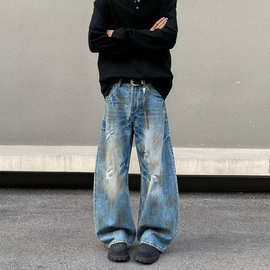 美式高街复古水洗脏染破洞弯刀牛仔裤男女潮牌宽松休闲阔腿直筒裤